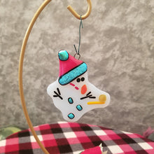 Load image into Gallery viewer, Bah Humbug melted Snowman fused glass ornament red hat dichroic glass #christmas #treedecoration # snowman
