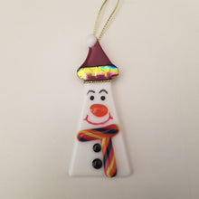 Load image into Gallery viewer, Cute snowman fused glass ornament with red hat with dichroic rainbow trim red buttons and scarf#ornament
