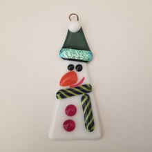 Load image into Gallery viewer, Festive Snowman glass ornament green hat scarf Fused glass #christmas #treedecoration # snowman
