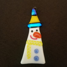 Load image into Gallery viewer, Festive Melted Snowman fused glass ornament yellow hat dichroic glass #ornament #treedecoration #snowman
