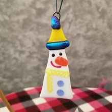 Load image into Gallery viewer, Festive Melted Snowman fused glass ornament yellow hat dichroic glass #ornament #treedecoration #snowman
