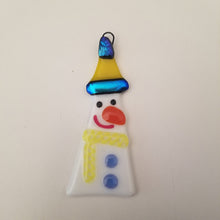 Load image into Gallery viewer, Festive Melted Snowman fused glass ornament yellow hat dichroic glass #ornament #treedecoration #snowman
