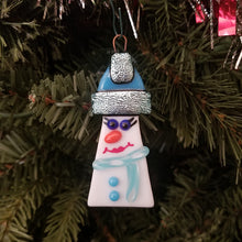 Load image into Gallery viewer, Cute fused glass Snowman, snow lady ornament, bauble, bling, santa hat
