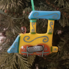 Load image into Gallery viewer, Fused glass steam train ornament yellow blue steam locomotive decoration
