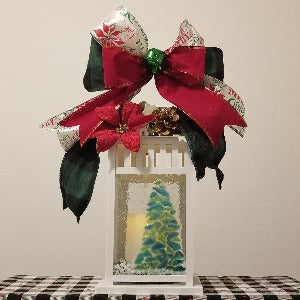 holiday lantern with art glass panel of Christmas tree in a snowstorm, with acrylic painted snow on the remaining 3 panels, holiday decoration, lantern