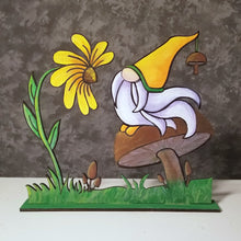 Load image into Gallery viewer, DIY wood blank Gnome on a mushroom with flower wood black stand up, paint by line,

