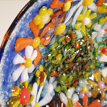 Load image into Gallery viewer, Glass Bowl, floral, flowers texture, glass, spring flowers, white, orange, yellow dimensional bowl functional art
