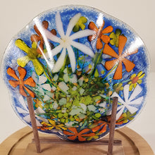 Load image into Gallery viewer, Glass Bowl, floral, flowers texture, glass, spring flowers, white, orange, yellow dimensional bowl functional art
